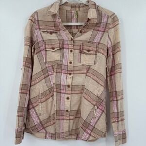 Free People Womens Plaid Button Up Shirt Size XS Long Sleeve Western Boho Linen